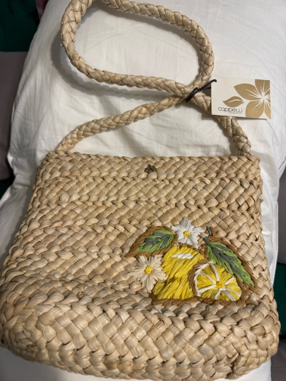 Cappelli Straworld Woven Straw Crossbody Bag with Yellow Lemon Embroidery